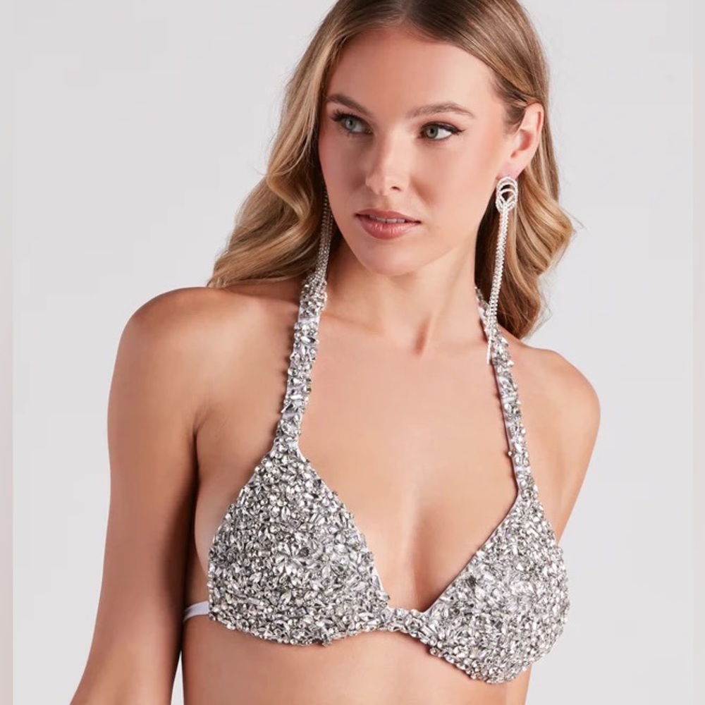 💎Rave Babe Rhinestone Halter Bra Top💎